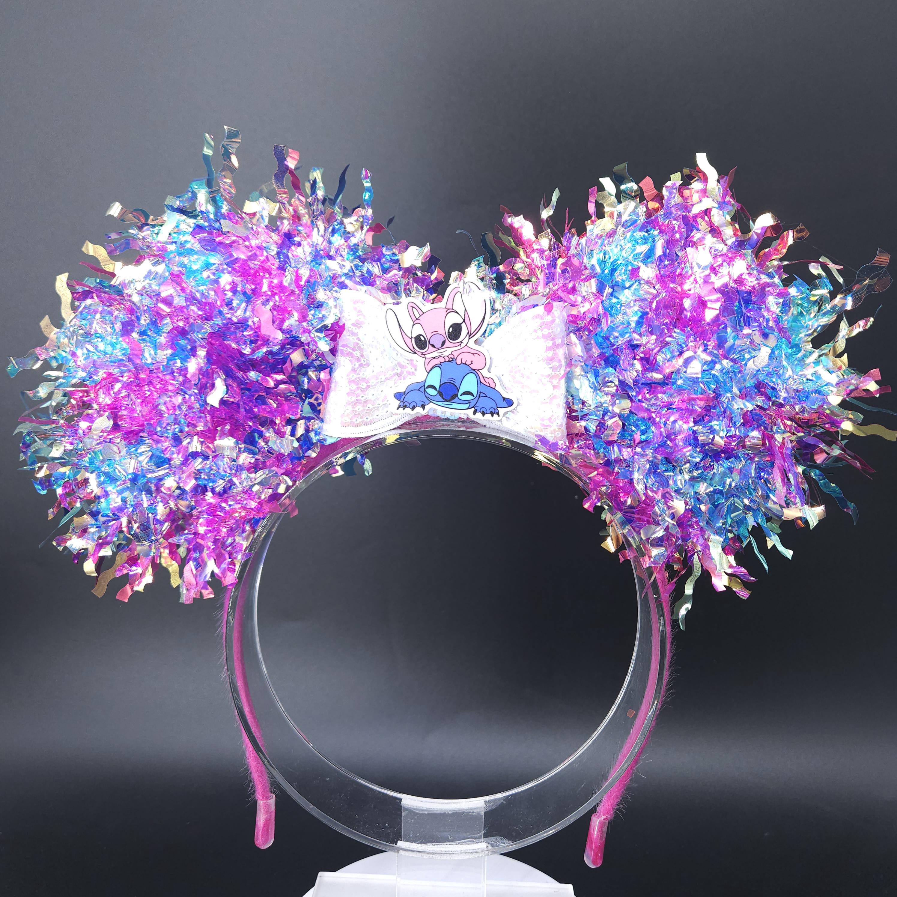 Stitch & Angel Light-Up Mickey Ears, Iridescent Pink and Blue Park Headband