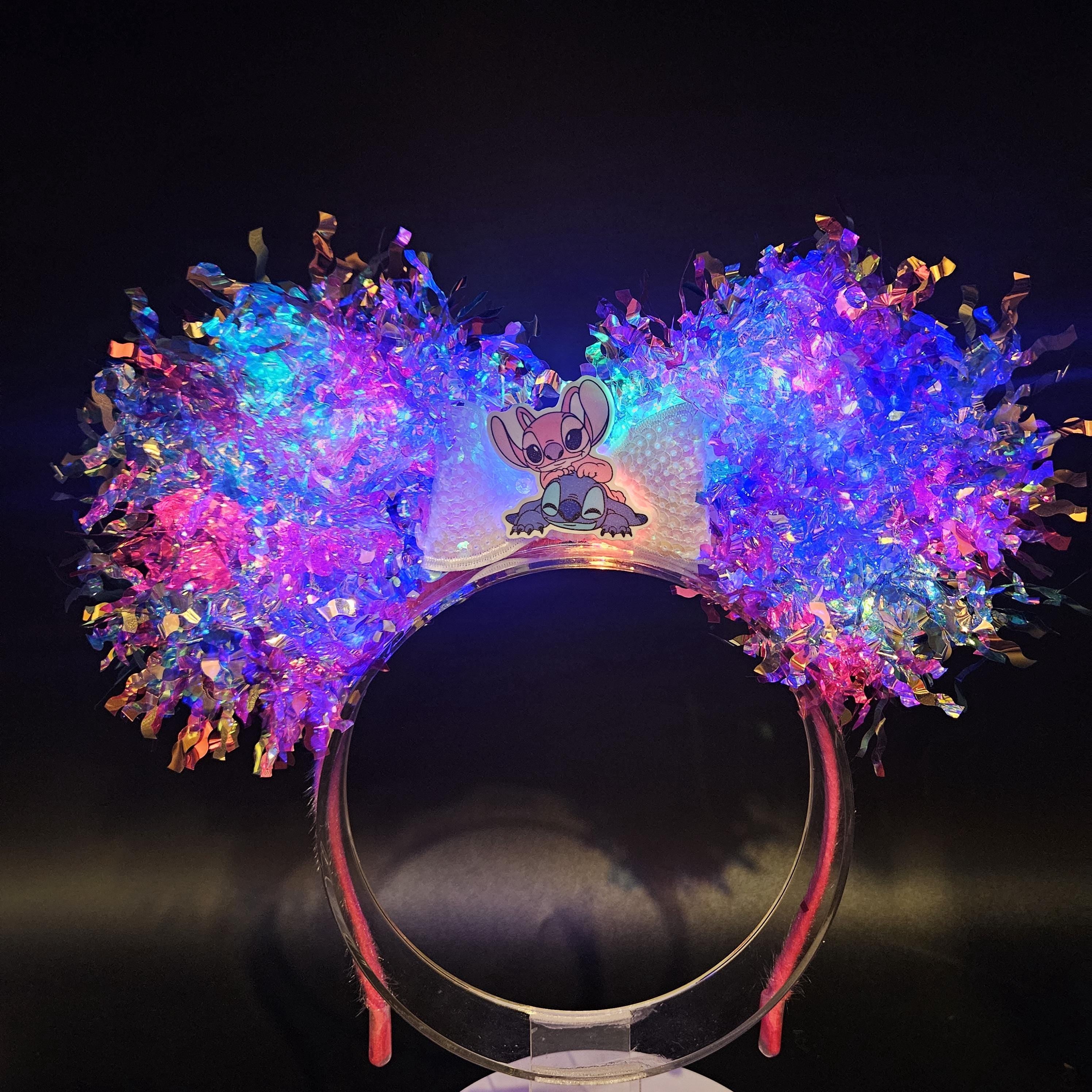 Stitch & Angel Light-Up Mickey Ears, Iridescent Pink and Blue Park Headband