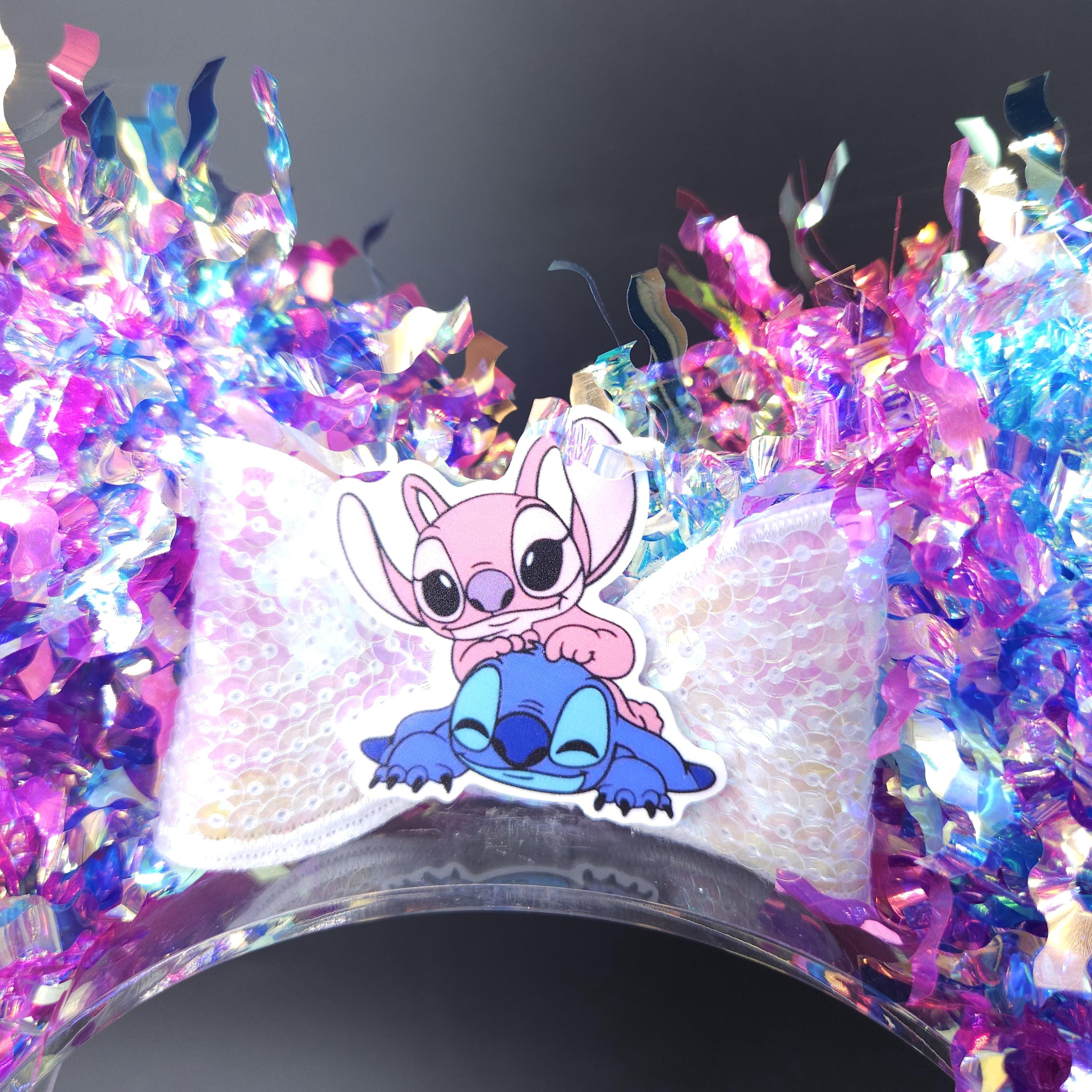 Stitch & Angel Light-Up Mickey Ears, Iridescent Pink and Blue Park Headband