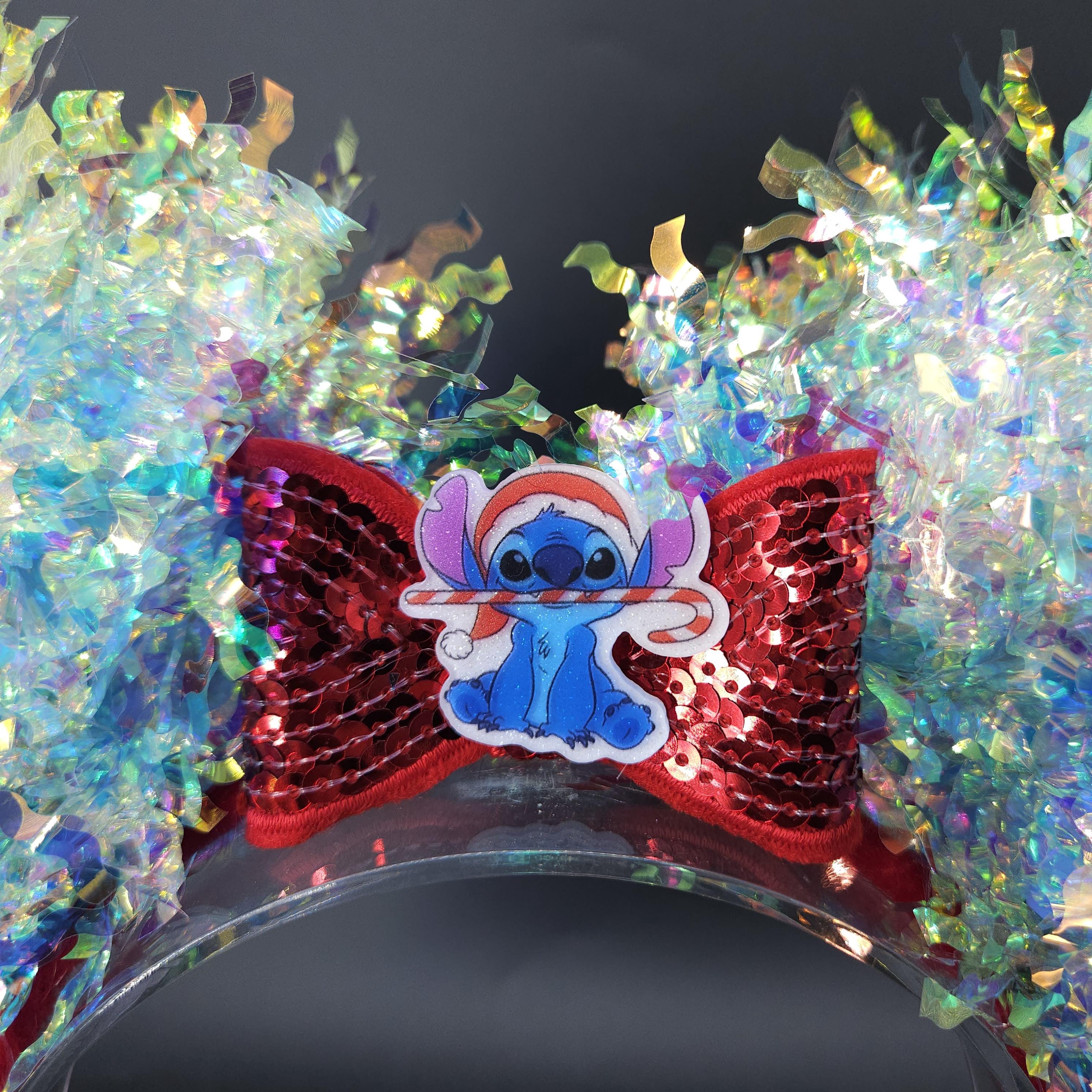 Christmas Stitch Santa Ears: Light-Up Candy Cane Holiday Iridescent Park Headband