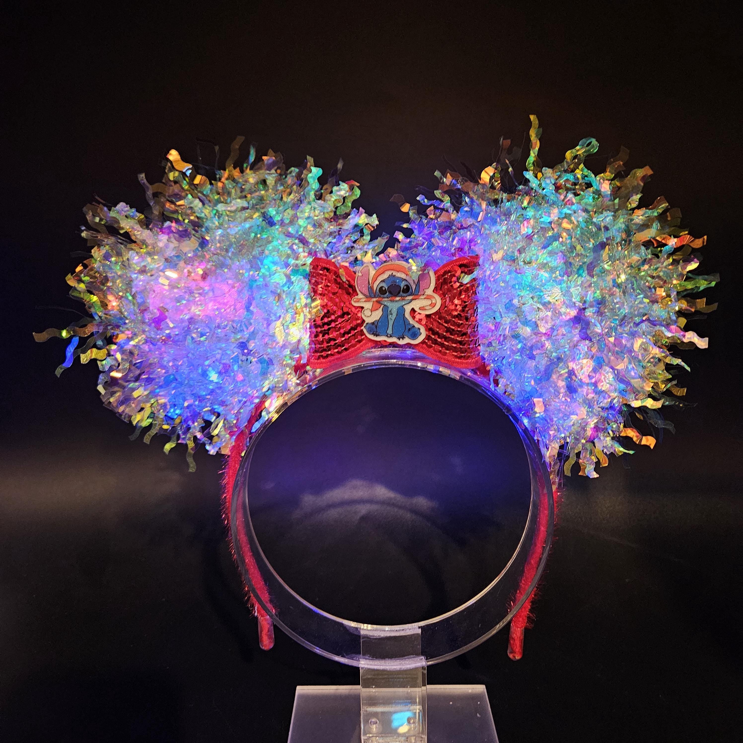 Christmas Stitch Santa Ears: Light-Up Candy Cane Holiday Iridescent Park Headband