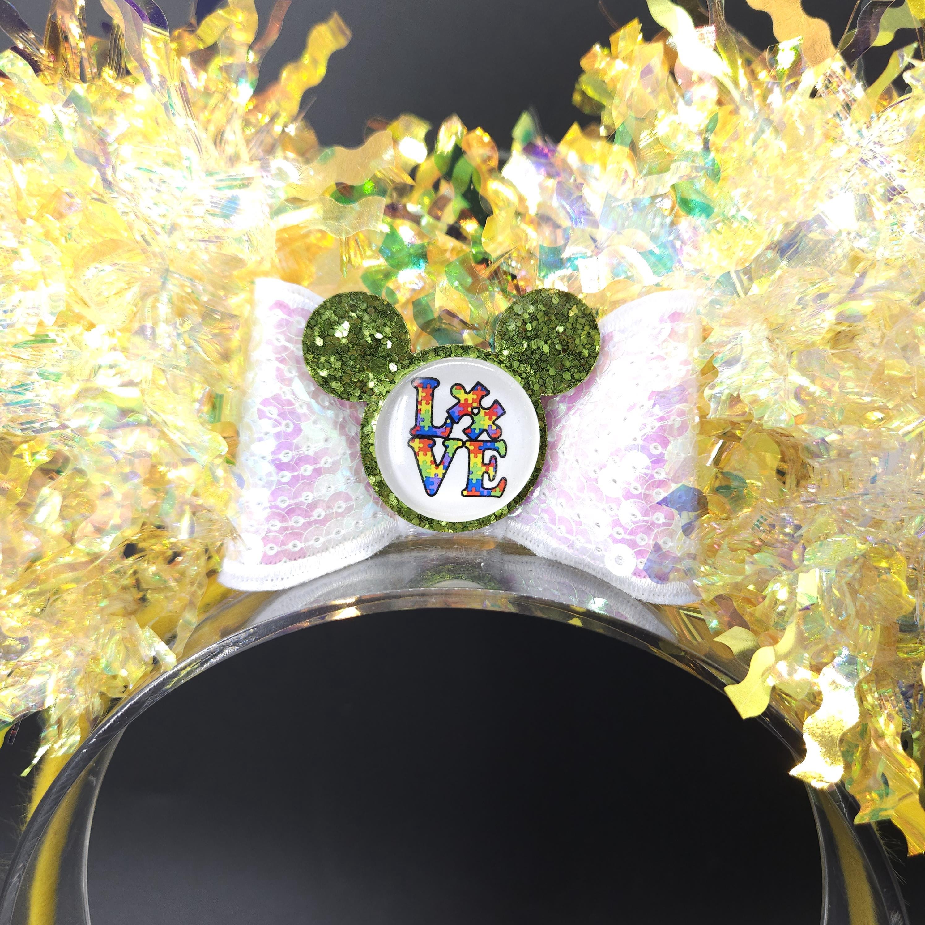 Light-Up Autism Mickey Ears - Holographic Puzzle Piece Minnie Park Headband