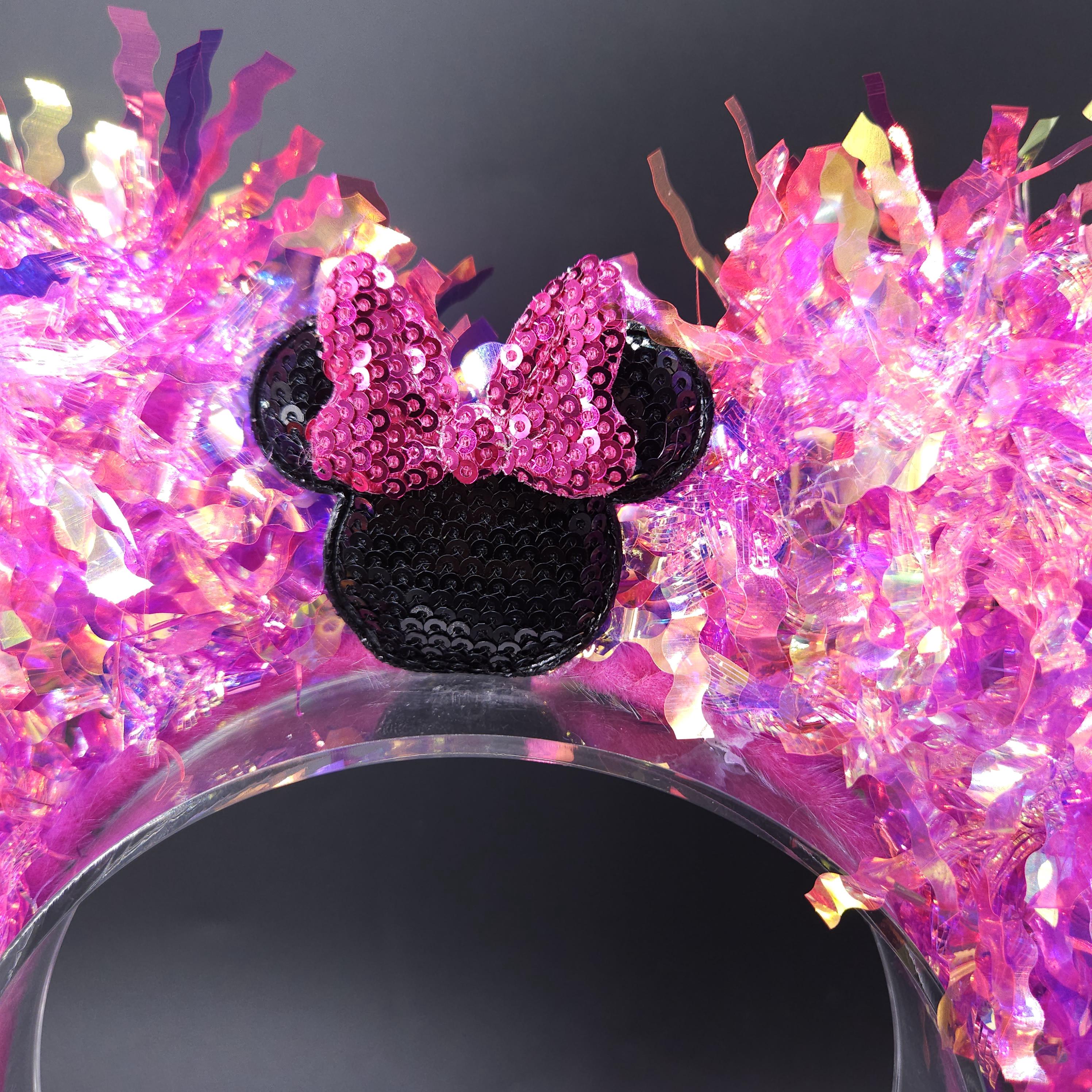 Light-Up Hot Pink Sequin Minnie Ears - Holographic Iridescent Mickey Headband