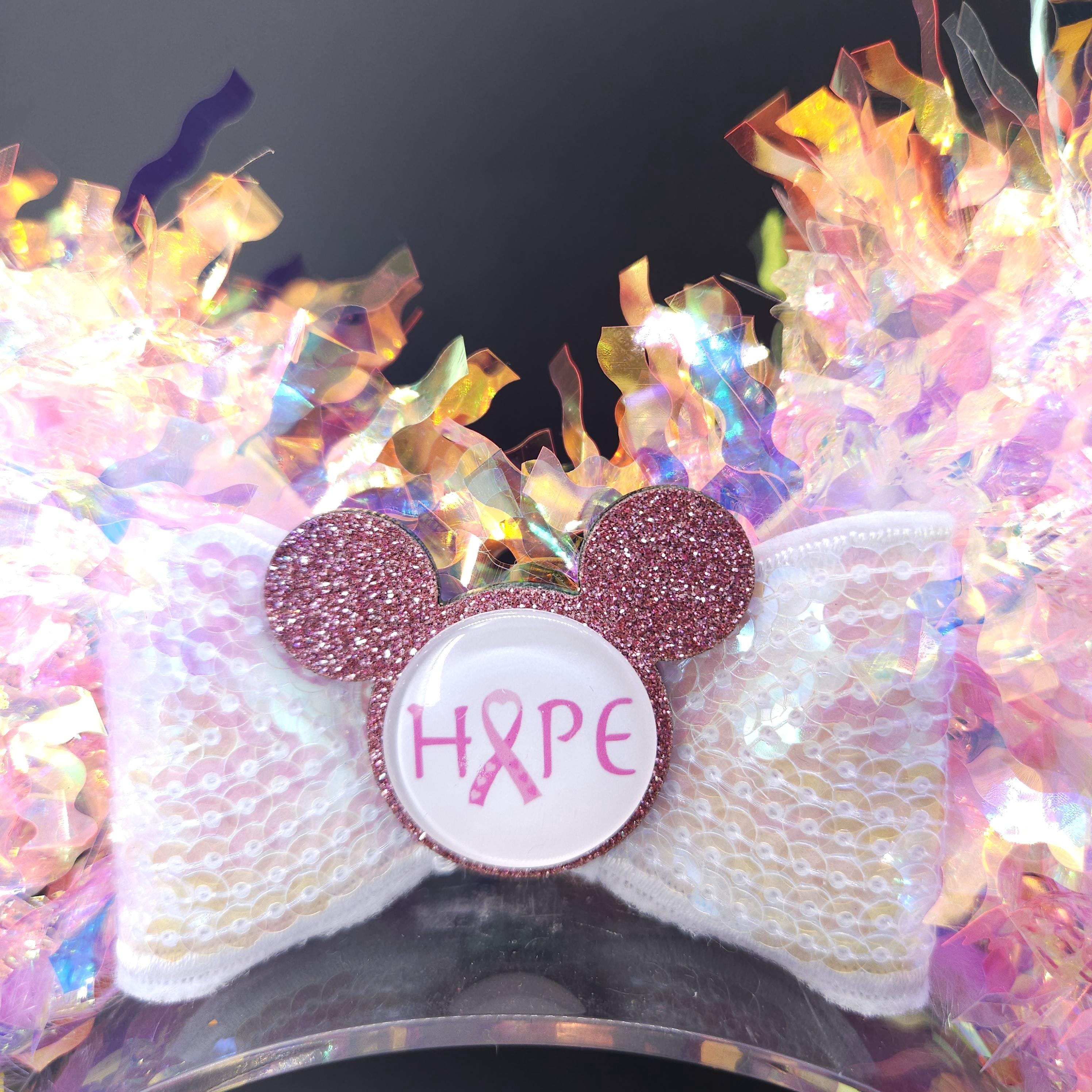 Light Up Breast Cancer Ribbon Mickey Ears - Holographic Pink Hope Headband