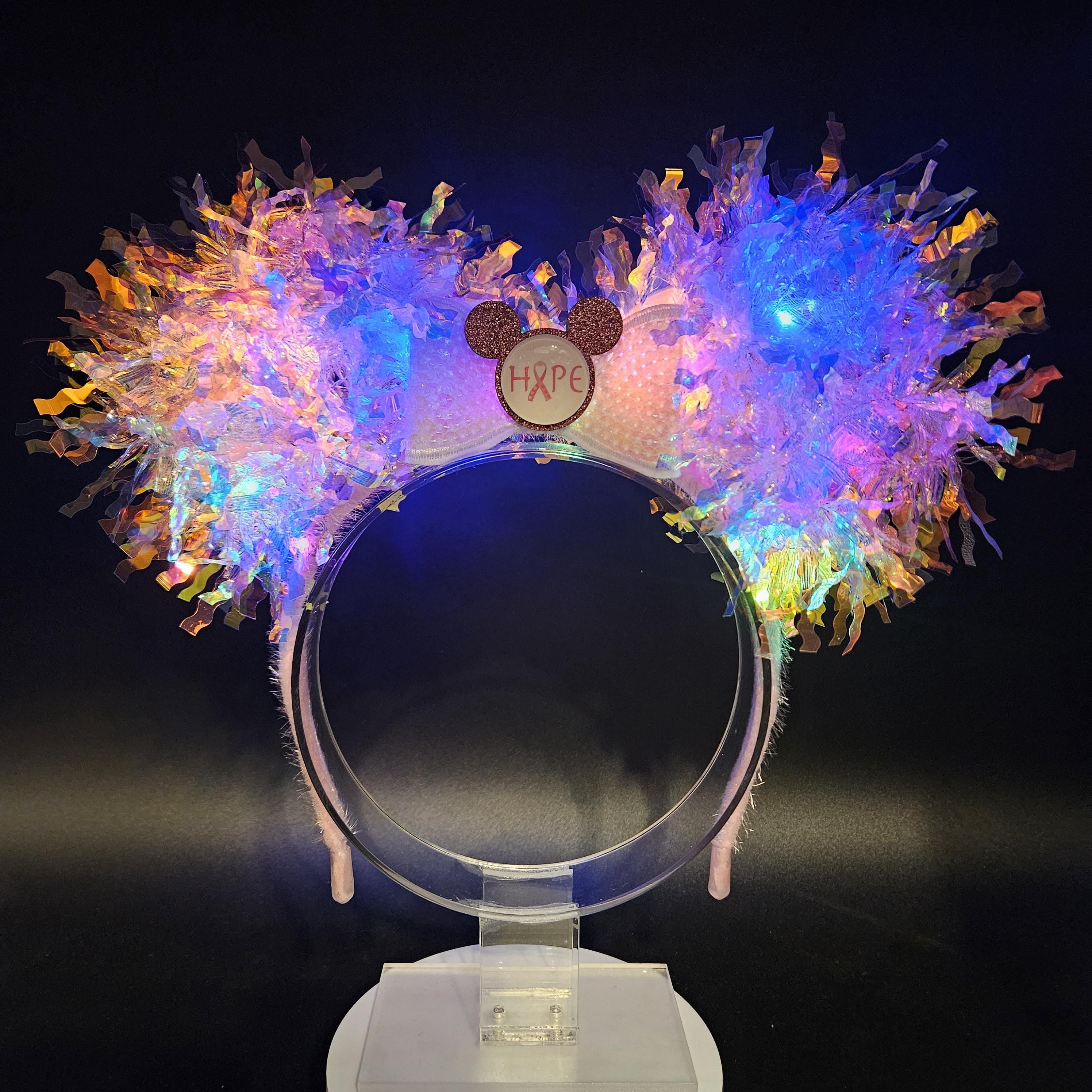 Light Up Breast Cancer Ribbon Mickey Ears - Holographic Pink Hope Headband