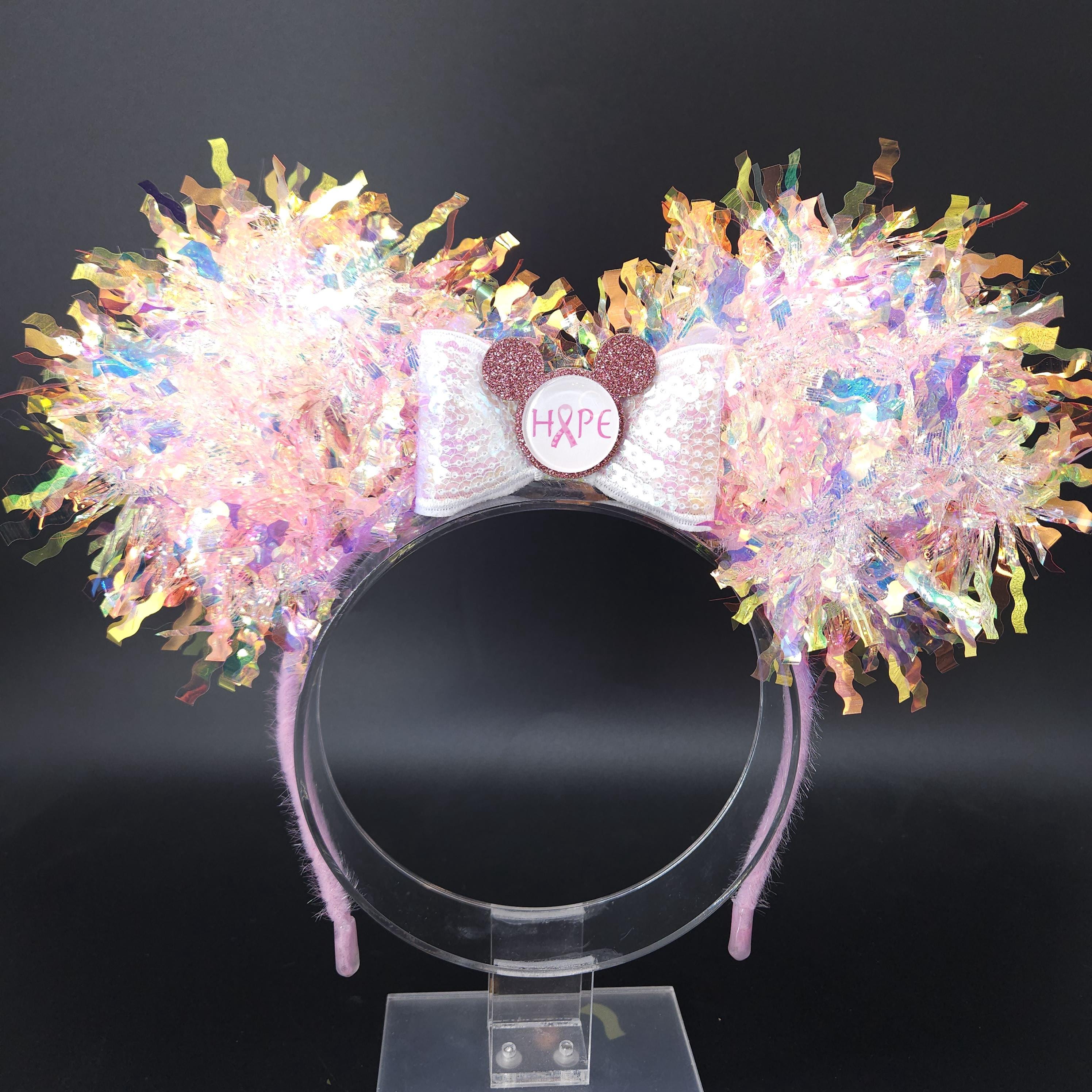Light Up Breast Cancer Ribbon Mickey Ears - Holographic Pink Hope Headband